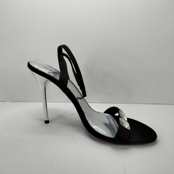 WET SEAL Sandals Ankle Strap Black Satin & Diamonds Silver 4.5" Stilettos Sz 9 - Picture 12 of 14
